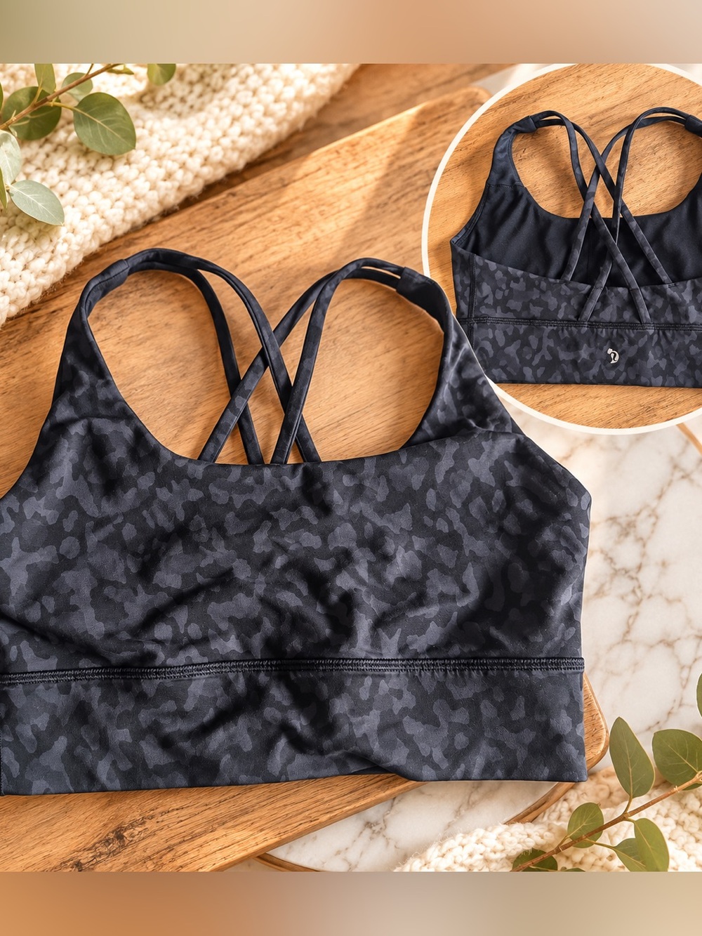 Lululemon Black Camo Strappy Sports Bra Size 8